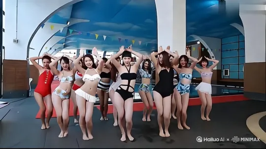 图中美女们整齐划一的左手妩媚的抚摸着大腿，高举起双手合十，左右顶胯 by Hailuo AI Video Generator