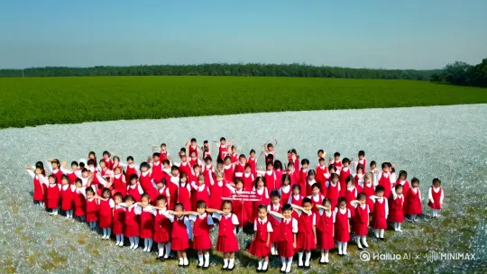 一群小学生，穿着红白相间的校服，在一片绿银地上，少先队礼，齐声说：祝爷爷奶奶们儿童节快乐！ by Hailuo AI Video Generator
