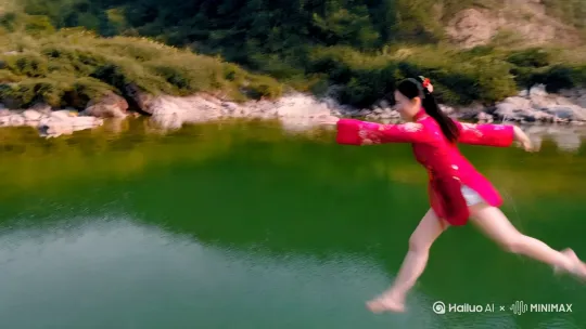 超速POV镜头，美女轻松地在水面上踏空飞行，双腿像中国轻功一样在水中飞纵，往前疾奔，以超音速向前飞翔，仿佛在水中踏出一条路，捕捉平滑飞行的感觉。相机从略高位置的俯视角度紧密跟踪从左后方向右后方移动，随着角色穿越场景。环境是动态的，快速变化，不断往后掠过的自然景观。 by Hailuo AI Video Generator