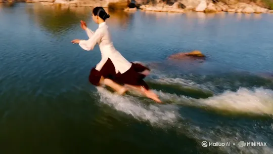 超速POV镜头，美女轻松地在水面上飞行，双腿像中国轻功一样在水中飞纵，往前疾奔，以超音速向前飞翔，仿佛在水中踏出一条路，捕捉平滑飞行的感觉。相机从略高位置的俯视角度紧密跟踪从左后方向右后方移动，随着角色穿越场景。环境是动态的，快速变化，不断往后掠过的自然景观。 by Hailuo AI Video Generator