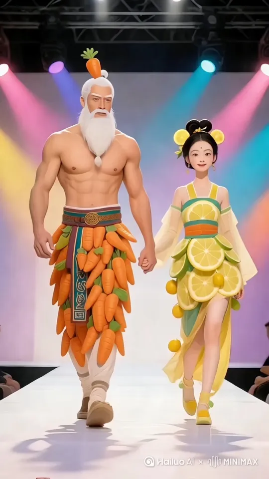 在绚丽多彩的聚光灯照耀下，时尚秀场的T台成为了焦点舞台。画面中，那位上身赤裸、腰间系着精致装饰腰带、下身围着胡萝卜裙、头顶胡萝卜的男子，与身着柠檬切片拼接时尚服饰、发髻上点缀着柠檬饰品的女子，正手牵手自信地走着。
 
男子眼神中透露出温柔与力量，他突然停下脚步，微微弯下腰，一只手臂迅速环抱住女子的后背，另一只手臂稳稳地穿过女子的膝弯。紧接着，他发力将女子轻盈地抱了起来。女子脸上露出惊喜的神情，随即绽放出甜美的笑容，双手自然地搭在男子的肩膀上，眼神中满是信任与依赖。
 
他们在T台上继续前行，男子步伐稳健而有力，女子姿态优雅而迷人。背景中，观众们被这一幕深深吸引，有的兴奋地鼓掌，有的迫不及待地拿出手机记录这精彩瞬间。五彩斑斓的灯光不断闪烁变幻，为这充满创意与温情的场景增添了梦幻的色彩，整个秀场沉浸在热烈而欢快的氛围之中。 by Hailuo AI Video Generator