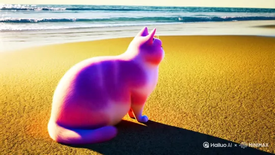 一只粉色的胖猫在躺着沙滩上吃麦当劳 by Hailuo AI Video Generator