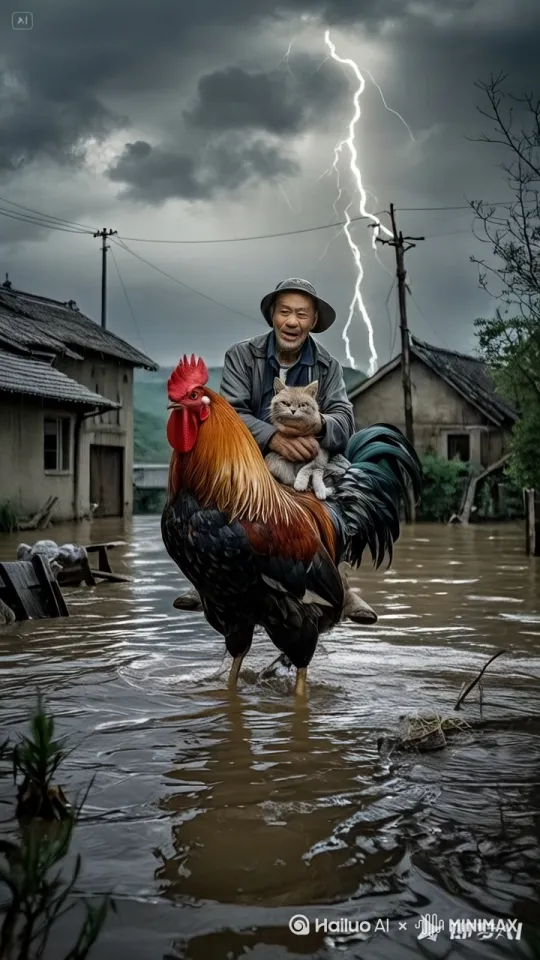 天空中电闪雷鸣，雨一直在下，洪水肆掠而过，泛起浪花，大公鸡驮着老爷爷在水里摇摇晃晃的向前走，老爷爷紧紧的抱着猫咪，镜头动起来，镜头动态跟随，镜头跟画面动起来，从不同角度展示大公鸡驮着老爷爷躲避洪水的过程，动作自然流畅，符合逻辑，极致细节，镜头跟拍，超真实动态捕捉。清晰自然，不模糊，高质量，没有瑕疵，电影画质，整体画面节奏快，   镜头跟随      阳光 丰富细节 生动 神秘， by Hailuo AI Video Generator