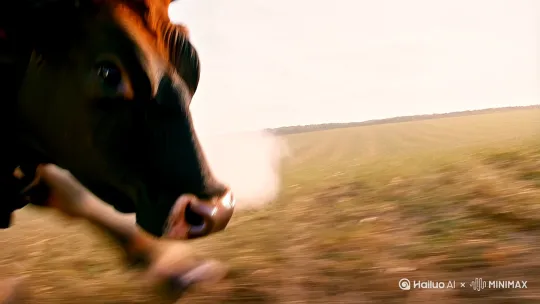 low angle tracking shot, [奶牛] lowering head, snorting steam (slow motion close-up of nostrils), dramatic pawing at the ground, sudden explosive charge forward with motion blur and speed lines, dutch angle close-up of [农夫]'s terrified face, eyes wide open, mouth agasp, wide shot of [农夫] being launched comically high into the air, limbs flailing, dust cloud impact` by Hailuo AI Video Generator