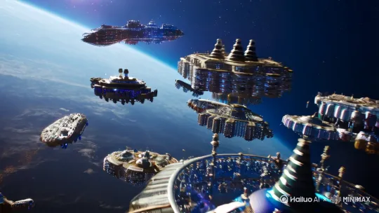 纳米级建筑悬浮太空，量子引擎撕裂时空，AI集群组成流动光带！22世纪的科技美学，每一帧都是硬核科幻！ by Hailuo AI Video Generator