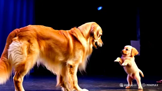 [右移,左摇,跟随]一只金毛犬在教小金毛犬跳街舞，跳的非常好。近景，影视真实自然效果， by Hailuo AI Video Generator