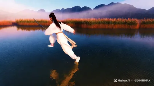 
生成一段武侠奇幻风格的水上轻功奔跑视频，以晨曦薄雾中的镜面湖泊为背景（远山青黛、芦苇摇曳、丁达尔阳光束），一袭飘逸古装的侠客/仙子（白衣、长发、衣带翻飞），通过**“缝纫机腿”高频步频在湖面疾驰，脚尖点水激起晶莹水花（慢动作特写水花与涟漪），搭配空灵音效**（风声、水声、衣袂声），营造打破物理常识的仙侠意境。技术上采用4K高清、60fps高帧率，真实模拟水的物理交互（倒影、涟漪动态变化），结合低角度仰拍+空中环绕俯拍，强化**“人在湖中跑，影随波光流”的视觉张力**。借武侠符号唤醒文化共鸣，以**“不可能的唯美画面”（轻功与现实场景融合）制造Wow效应**，适配短视频平台高完播、高分享的爆款逻辑，通过AI工具（如Runway、Pika）生成影视级视觉奇观，瞬间引爆流量。 by Hailuo AI Video Generator