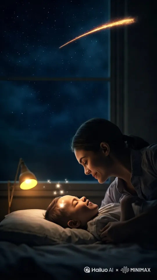儿童故事绘本画面：星空卧室，吻化作流星，暖黄光影，莫兰迪色系水粉笔触    |[右摇,变焦推进] by Hailuo AI Video Generator