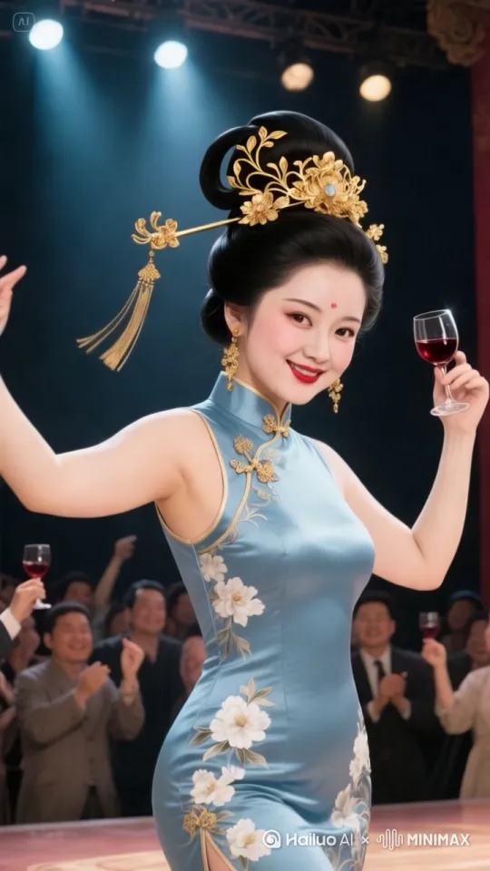 [左移,推进,右摇]人物有节奏的跳舞，微醺性感的表情，手里酒杯的红酒也在摇晃，台下的观众在欢呼鼓掌气氛爆棚，人物扭动着身躯性感又妩媚灯光闪烁，背景微模糊 by Hailuo AI Video Generator