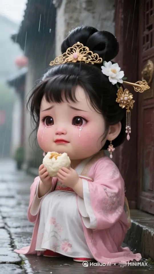 [右移,左摇,跟随][下降,上摇]一边大口大口的吃着包子，一边委屈地说好吃！真好吃！雨一直在下，偶尔还有闪电轻微的雨落在人物的脸上，风吹着头发微微动 by Hailuo AI Video Generator