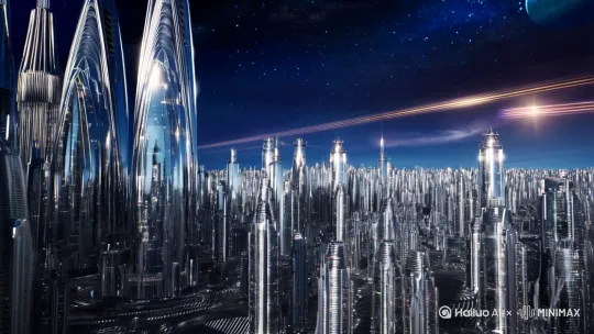 未来太空之城，穿梭的飞行器，科幻般的钢铁城市[左移,上升] by Hailuo AI Video Generator