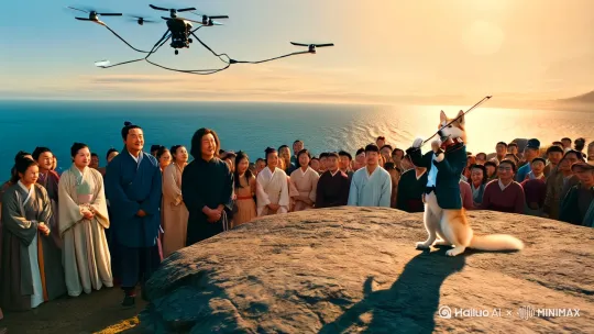 生成这样一个视频:穿西装的二哈狗子在拉小提琴，在海边的悬崖上，天气很好，周围有很多观众，站在最前面的是李白和孟郊。天上有无人机表演。[右移,左摇,跟随][右移,左摇,跟随] by Hailuo AI Video Generator