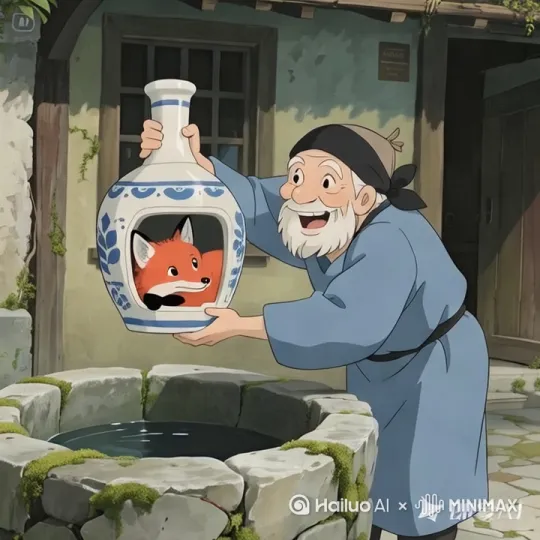 老头把装狐狸的瓶子放到水井里面去，溅起了水花，狐狸也在叫唤[拉远] by Hailuo AI Video Generator