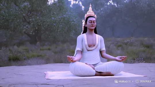 禅修者禅修出观，护法天神前来供养食物，禅修者接过食物，天神满意的离去。[右移,左摇,跟随] by Hailuo AI Video Generator