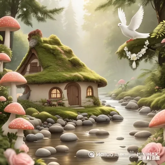 生成三连贯分镜：  
1. 全景平视推镜：森林溪流，苔藓蘑菇屋（圆窗木门，粉蘑菇环绕），白鸽衔花环飞翔，暖光3D插画，突出场景静谧。  
2. 中景侧视移镜：蘑菇屋侧面，溪流涟漪，粉蘑菇斑点、绿植缠绕屋墙，镜头平移展现自然细节，延续3D风格。  
3. 近景仰视拉镜：白鸽特写（白羽红爪衔花环），拉远展现森林纵深（溪流、蘑菇屋、绿植层次），阳光光斑洒落，营造童话梦幻，统一3D插画风格。 by Hailuo AI Video Generator