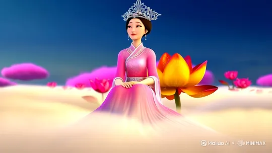 唯美仙侠风动画特效，一位身着粉白渐变长裙的中国女子端坐于流动的云海之上，裙摆随风轻扬，仿佛轻纱般飘逸。她头戴精致的银色头冠，镶嵌着闪耀的宝石，与身后绽放的金色光环相辉映，如同仙子降临凡间。女子面容姣好，眉目含笑，双手缓缓抬起，掌心朝天，释放出温暖光芒。背景是广阔无垠的蔚蓝天空，点缀着几朵粉嫩的祥云与花朵，营造出梦幻般的仙境氛围。镜头从远至近，缓缓推进，捕捉每一个细腻表情与动作，超高清画质，无一瑕疵，展现极致动态美感。中远景，平视转仰视视角，动态光影效果。 by Hailuo AI Video Generator