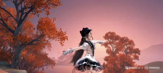 粉紫色渐变的天空下，红枫树林间，让画面中的女孩“活”起来 。微风轻拂，她的长发如丝缕飘动，遵循发丝原本走向自然摇曳；双眼以原有眼型弧度，缓慢且轻柔地眨眼，闭眼、睁眼间契合静态时的神态；身体随呼吸有细微起伏，似与自然同频；裙角受林间风轻扰，以贴合原画的幅度微微摆动；背景红枫叶，以极不明显的幅度轻晃，营造静谧氛围，边框保持不动，整体呈现 16:9 比例的唯美动态画面，让女孩在这秋日盛景里，优雅舞动起来 。 by Hailuo AI Video Generator