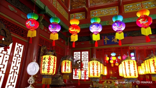 在离宫放三合无事牌，三合属相装饰品，九宫灯，中国结组成九紫离火大运 by Hailuo AI Video Generator