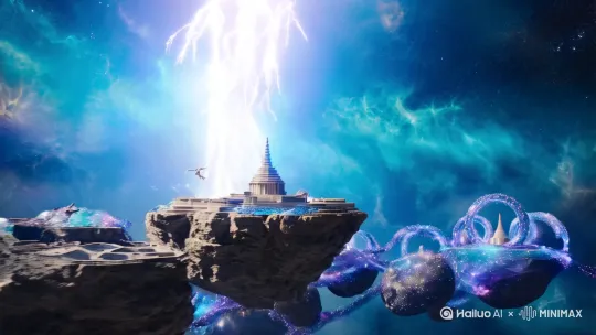 [开场] cosmic lightning strike reveals[主体] Jedi Temple floating on quantum asteroid fragments, [环境] nebula storm forming crystal warriors from stardust, [冲突] lightsaber cut through collapsing hyperdimensional gate, [运镜] phantom drone shot diving into singularity core, [特效] fluid dynamics of liquid lightsabers + temporal distortion fields, [风格] Denis Villeneuve × Studio Ghibli hybrid, palette: supernova cyan & quantum chrome, [参数] --fps 24 --duration 6 --motion 8 by Hailuo AI Video Generator