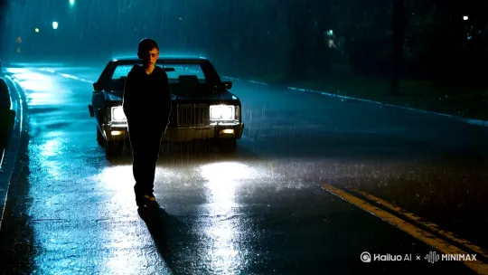 在下雨的夜晚，一个男生穿着黑色卫衣迎面走来，他身后的车灯照在他后背，显出隐隐伤感 by Hailuo AI Video Generator