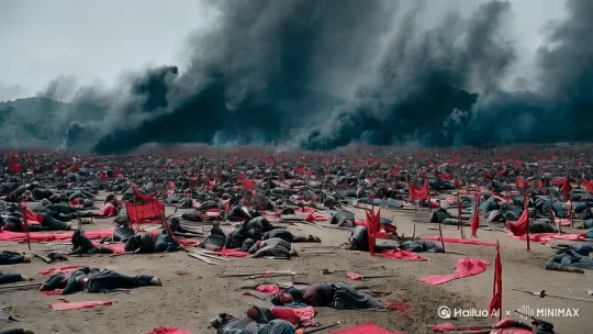 中国古代战场上方[下降,上摇]，画面出现一个背后硝烟弥漫，有很多倒下的士兵，中国古代将军手持冷兵器，满脸污垢，眼神坚毅的站着。 by Hailuo AI Video Generator