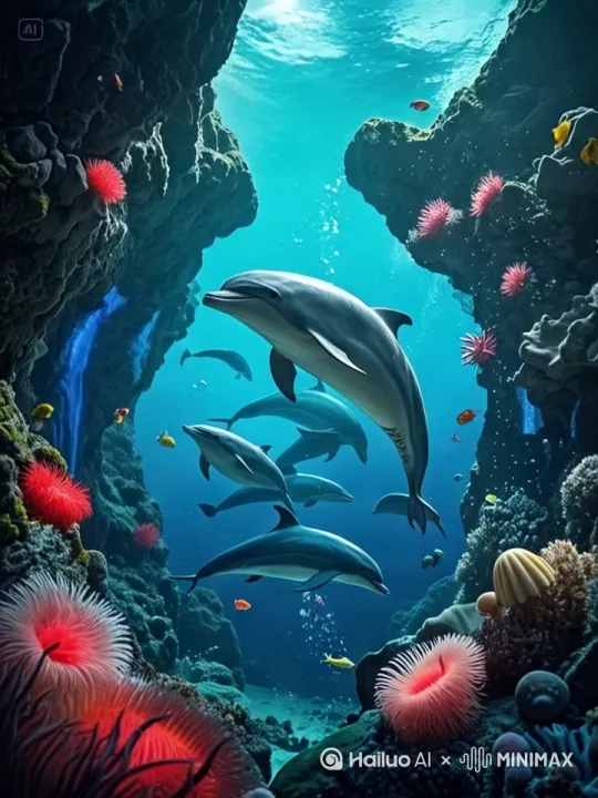 海豚向着画面之外游来[推出,上升,下摇] by Hailuo AI Video Generator