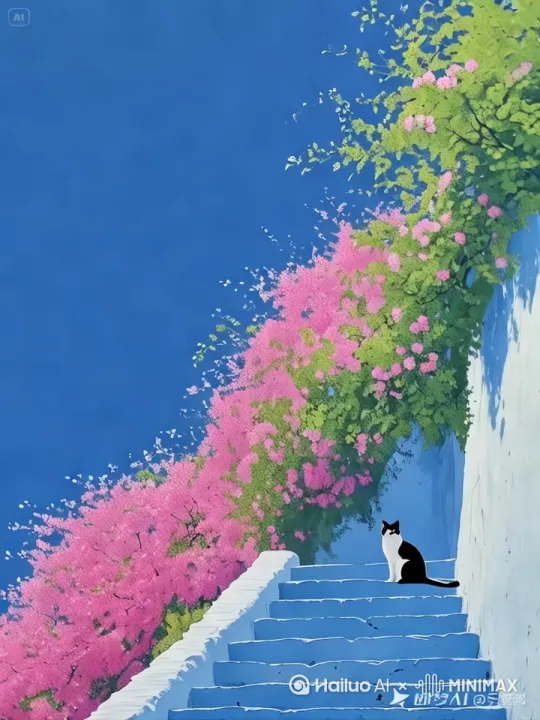 花儿在风中轻轻摇曳，小猫站起来，向着画面之外走来[下摇][变焦推进] by Hailuo AI Video Generator
