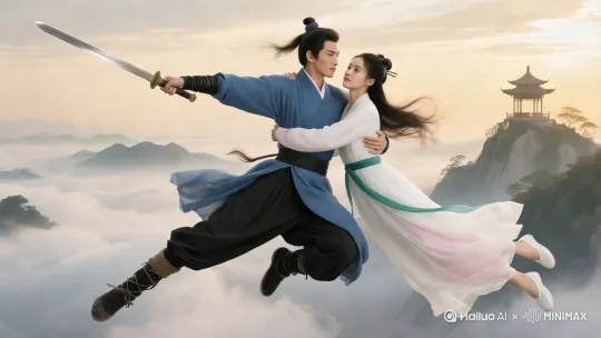 男人护着女人向右飞行，镜头向右平移跟拍，男人突然掉落下来 by Hailuo AI Video Generator