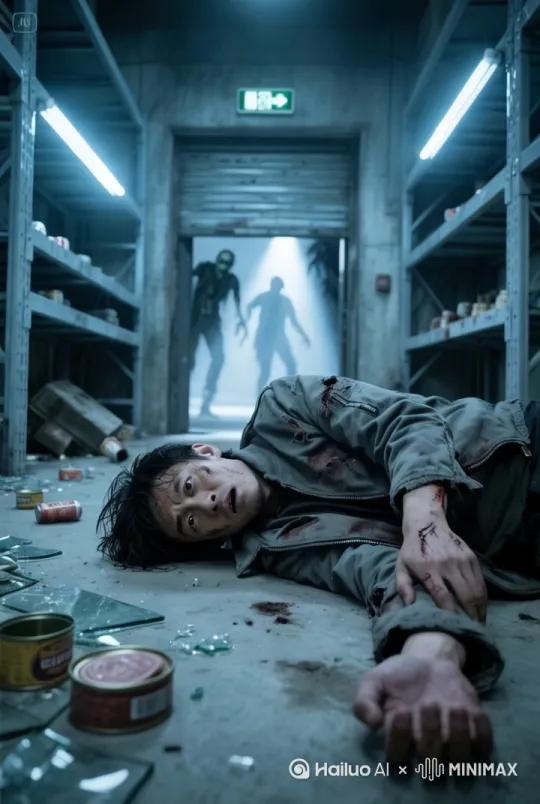 应急灯管在头顶高频闪烁，光线明暗交替间，墙面上货架与杂物的影子随之晃动；金属卷帘门因门外丧尸的撞击持续震颤，门缝处不时有腐烂的手指快速划过；陈默的手指无意识地抽搐，指尖碰到地面碎玻璃后猛地弹开；空气中的灰尘随着震动螺旋扬起，在门缝透入的光束中形成浮动的颗粒。[右移,左摇,跟随] by Hailuo AI Video Generator