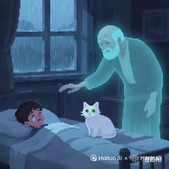 外面下下外面下着雨，男孩躺在床上流泪半透明灵魂的爷爷在帮男孩擦眼泪 by Hailuo AI Video Generator