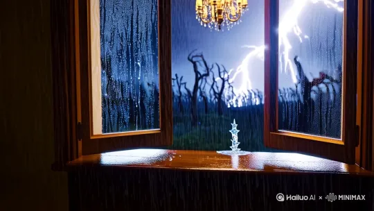 画面描述：

镜头缓缓推进，一扇半开的木窗框住暴风雨的狂暴。雨水如银针般斜刺入玻璃，水流在窗框上蜿蜒成湍急的河。闪电撕裂夜空，瞬间照亮屋内摇晃的吊灯，随后雷声如远古巨兽的咆哮碾过大地。

远处树影在闪电中扭曲成狰狞的剪影，树枝被狂风折断的脆响与雨幕的嘶吼交织。镜头扫过窗台，雨滴在玻璃上炸裂成细碎的星芒，一滴雨水顺着裂缝缓缓滑落。

音效提示：

• 雷声：低频轰鸣（延迟0.3秒跟闪电） + 短促炸雷（伴随闪电）

• 雨声：密集的“啪嗒”声渐强，夹杂玻璃爆裂的“咔哒”声

• 风声：呼啸声从低沉逐渐尖锐，模拟穿窗而入的撕裂感 by Hailuo AI Video Generator