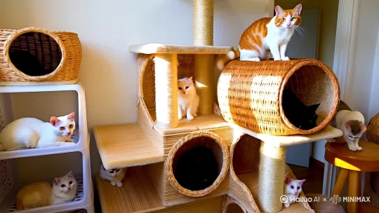 多只猫咪，包括毛发蓬松的橘白相间猫咪、带有深色条纹的狸花猫、灰白相间的猫咪、黑白花色的猫咪以及纯白色猫咪。它们分布在室内的猫爬架及周边位置，猫爬架由浅色木质结构、藤编窝以及猫抓柱组成。一只橘白相间的猫咪站在猫爬架最顶端，似乎在眺望；一个藤编窝内藏着一只黑猫；其他猫咪或坐或站在猫爬架的不同层架上，姿态各异，有的在张望，有的似乎在思考。旁边还有一个白色多层塑料置物架和一个放着一只白猫的木质小圆凳，背景是简洁的白色墙面和室内门，整体氛围温馨有趣，充满生活气息 。 by Hailuo AI Video Generator