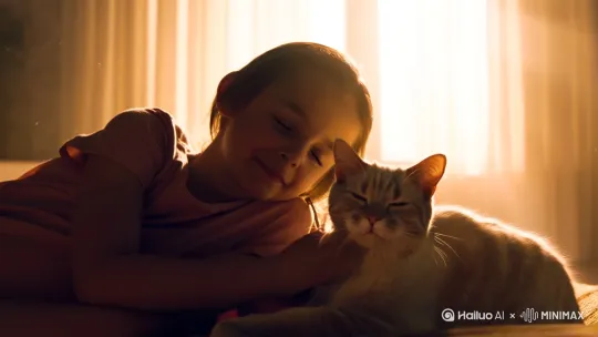 温馨时刻：阳光洒满房间，小孩和猫咪依偎在一起，享受宁静与温馨。
互动瞬间：小孩温柔地抚摸猫咪，猫咪享受着这份爱抚，展现出无声的友谊。
欢乐时光：小孩和猫咪一起玩耍，欢声笑语充满了整个房间，传递着无尽的快乐。 by Hailuo AI Video Generator