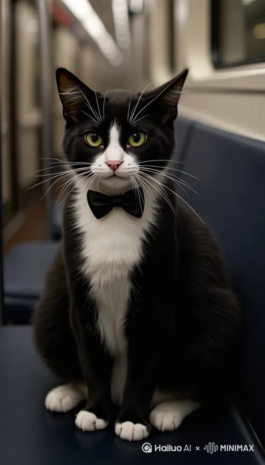 一只灰白相间色的猫，有蝴蝶结，手提包，在地铁车厢看着发言稿，准备演讲，时间30秒
特写镜头，猫用爪子打了一个响指 by Hailuo AI Video Generator