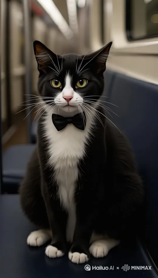 一只灰白相间色的猫，有蝴蝶结，手提包，在地铁车厢看着发言稿，准备演讲，时间30秒，目前有点累，手按头，眼睛眯缝 by Hailuo AI Video Generator