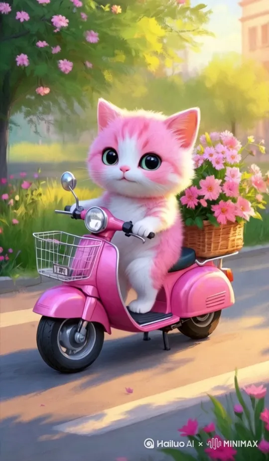 小花猫活泼可爱，每天都骑电动车在给客户送花[右移,左摇,跟随] by Hailuo AI Video Generator