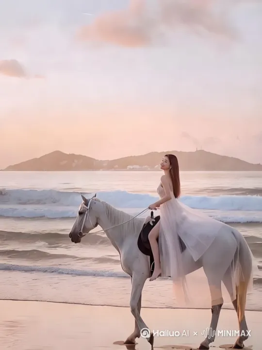 图中美女在骑着马驰骋，流露出甜美的笑容 by Hailuo AI Video Generator