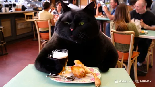 咔啡屋内热闹非凡，一只巨型大黑猫露出上半身坐在歺桌前，桌上放有鸡腿的花盘和刀㕚，猫右爪端着一满杯啤酒左手拿着一只鸡腿，啤酒杯挨着嘴边一扬脖灌了下去好不高兴。 by Hailuo AI Video Generator