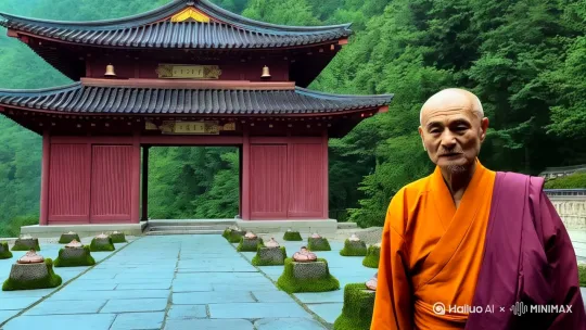 
以下是为搭建一个古朴寺院场景设计的提示词，结合弘一法师的禅意与古朴氛围：

---

**场景提示词：**  
"一座千年古朴寺院隐于苍翠山林间，青石板路蜿蜒通向斑驳朱红色山门，门匾题有褪金篆字。晨雾缭绕中可见飞檐斗拱，檐角铜铃随风轻响，院落中央古柏参天，树下青苔覆满石雕莲座。大殿内烛光摇曳，木质佛像低眉含笑，香炉青烟袅袅。两侧经幡微黄，藏经阁纸窗透出昏黄光影，案上摊开泛黄经卷与笔墨。远处钟楼传来悠远钟声，僧袍一角掠过回廊，背景群山如黛，细雨润无声。"

**细节补充：**  
- **色彩：** 灰瓦、朱红褪色梁柱、青苔绿、香炉铜锈、经卷暗黄。  
- **光影：** 晨雾柔光、烛火跳动、纸窗透出的暖色光晕。  
- **氛围：** 静谧空灵，兼具岁月沧桑与禅意生机，可添加细雨、落叶或远山虚化效果。  

**风格参考：** 唐宋寺院布局，弘一法师"淡泊宁静"的意境，适当做旧磨损痕迹。  

--- 

可根据需要调整景物密度或时间（如雪中古寺、秋叶庭院等）。 by Hailuo AI Video Generator