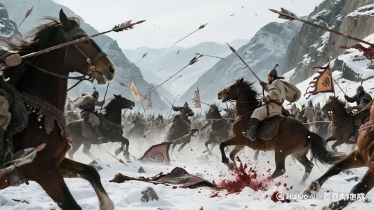 人物在马上运用中国功夫对决打斗，大雪纷飞， by Hailuo AI Video Generator