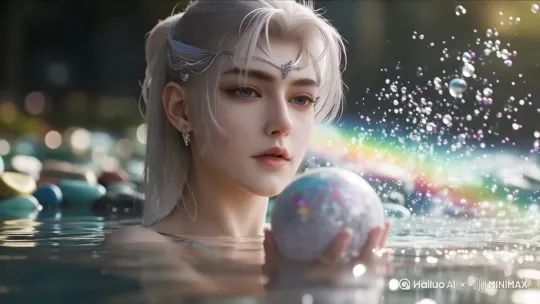[左移,推进,右摇]在仙境般的小溪中洗澡，
[左移,右摇,跟随]将一颗大大的银色浴球扔进水中，
[推出,上升,下摇]顿时泛起了一大堆色彩斑斓的泡泡 by Hailuo AI Video Generator