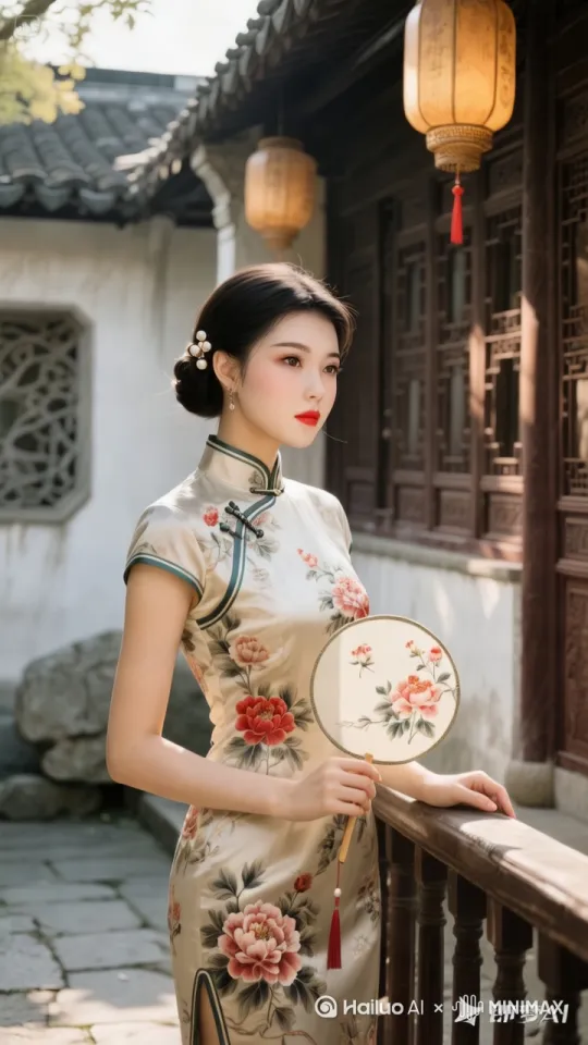 身着花卉旗袍的女子在中式建筑前手持团扇优雅踱步，灯笼随风轻摆，树影婆娑，镜头缓慢推进展现刺绣图案与雕梁画栋的细节，古典庭院中透着静谧从容。 by Hailuo AI Video Generator