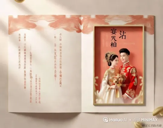分镜1: 身着精致现代服饰的新人从立体请柬右侧轻盈舞动而出。红色请柬表面泛起微光,立体视觉层次清晰可见。摄像机缓缓推进,暖色灯光下,新人优雅地向镜头行躬身礼,周围环绕着翩翩起舞的彩蝶,裸眼3D效果呈现出丝绸般平滑的空间转换与生物动态。 by Hailuo AI Video Generator