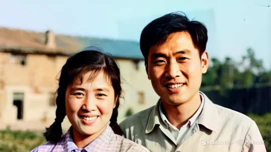 女人看向右边微笑，然后又转向左边低下头害羞的微笑，男人转向左边微笑 by Hailuo AI Video Generator