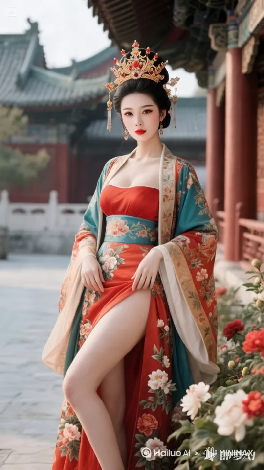 身着红蓝华服的古装女子从古建筑前缓缓转身，腰间丝带随风轻扬，金色皇冠在阳光下微微闪烁，镜头缓慢推进展现建筑屋顶的传统瓦片结构与周围飘落的花瓣，古典优雅的氛围贯穿始终 by Hailuo AI Video Generator