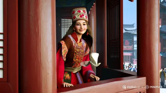 低角度仰拍，宋朝历史的阁楼窗口，一个身着传统民族服饰的年轻女性，头戴编织头饰（饰有彩色花卉纹样），佩戴古项链，服饰以红、棕为主色调，饰有民族风刺绣与编织细节，探出身子，挥舞着手帕对着镜头浅笑嫣然，长发随风飘散，街道繁华，绝美光影，绝佳光效，美不胜收，大师级摄影，迷幻，梦 by Hailuo AI Video Generator