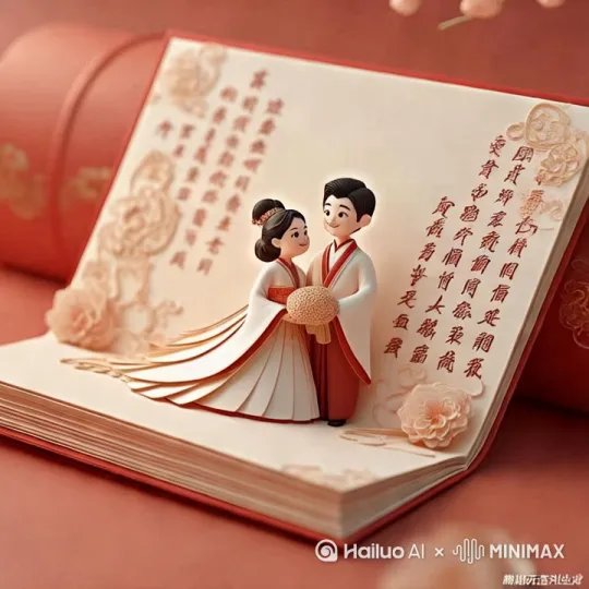 分镜1: 身着现代奢华西装与婚纱的新人悬浮在流动的云层上方。三维立体效果使其服饰纹理与珠宝配饰呈现出多层次的光影，裸眼3d视效使人物与背后的几何裂缝形成深度错觉。霓虹灯光在云层间若隐若现。

分镜2: 新人以半透明材质状态站立在漂浮的婚礼仪式平台上。裸眼3d技术让镂空婚纱与笔挺西装的立体轮廓穿透云雾，流动的油画质感粒子环绕新人形成动态景深效果。无人机视角环绕拍摄。 by Hailuo AI Video Generator