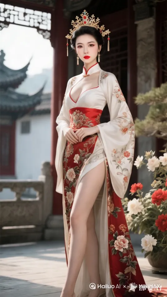 身着红白旗袍的女子在古建筑前优雅踱步，金色凤冠珠帘轻晃，红色腰带随风微扬，石栏旁的花瓣被气流卷起飘散，手持镜头缓慢推进展现古典妆容细节，背景古建筑保持静态强化历史氛围。 by Hailuo AI Video Generator