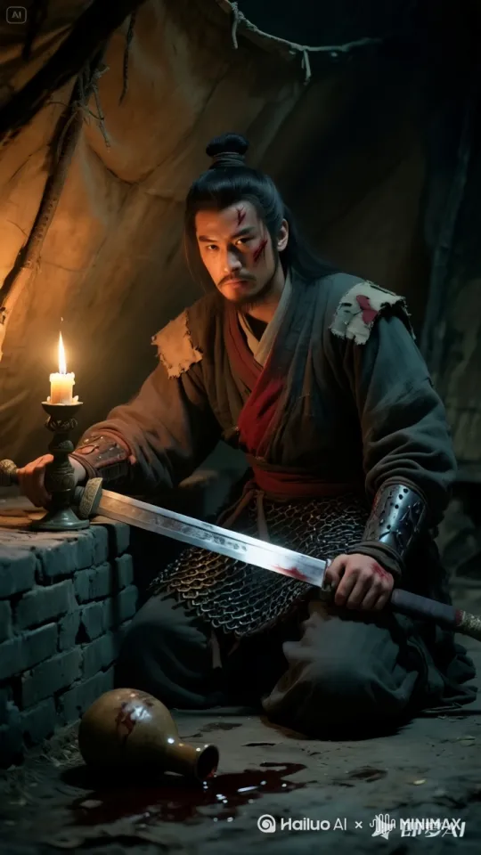 图中蜡烛微微闪动，人物拔出宝剑在眼前来回晃动 by Hailuo AI Video Generator