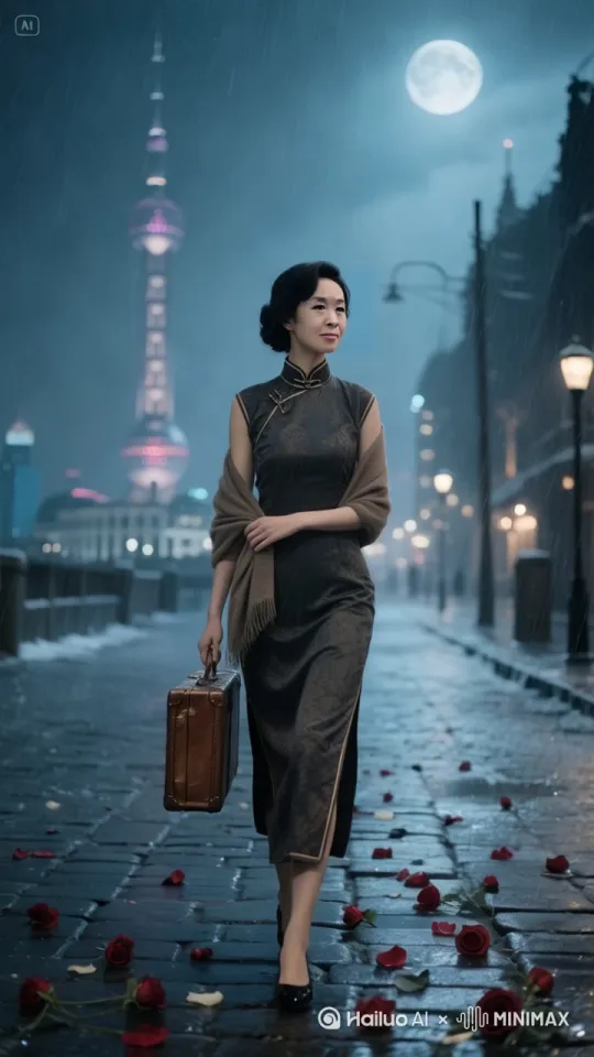 民国时期，上海滩，隐隐约约远处有东方明珠塔，冬夜远处灯火若隐若现，
月色朦胧，细雨微风，中国美女，身材高调，穿着旗袍，妆容精致，披肩搭在手臂上。手提怀旧皮箱，中景特写，走在家乡的石板路。石板路上有玫瑰花瓣，离开多年，投身救国，历经战火硝烟。冷色调电影感，时代感超现实主义。高清细节，电影质感。[右移,跟随][左移,上升] by Hailuo AI Video Generator